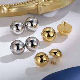 18mm Round Hollow Hemisphere Polished Steel Women's Ear Studs Earrings