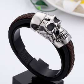 Punk Buckle Skull Brown Black Leather Bracelet