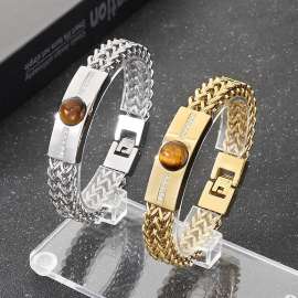 Fashionable and personalized stainless steel creative double row keel chain splicing rectangular diamond inlaid tiger eye stone domineering silver bracelet