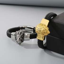 Steel Lion Head Bracelet Leather Rope Bracelet Fashion Men's Jewelry