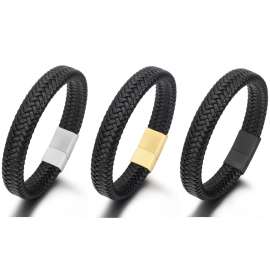 Simple cowhide woven leather rope stainless steel matte surface magnetic buckle bracelet