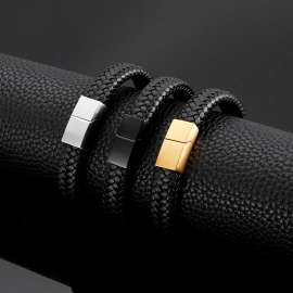 matte hand woven leather stainless steel men's bracelet