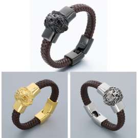 Lion Head Skin Bracelet Men Leather  Chain Silver Color