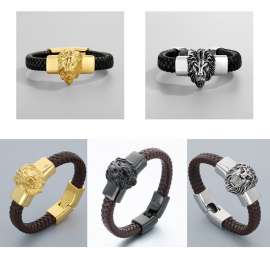 Brown leather black lion head snap fastener men's woven leather bracelet