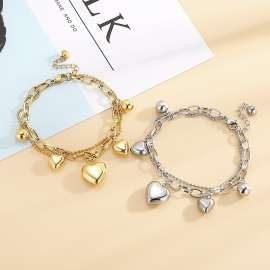 Stainless steel hollow heart-shaped multi-layer women's bracelet beads O-shaped chain