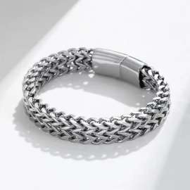 Stainless Steel Simple and personalized woven double row front and back keel flat buckle Bracelet(Men)
