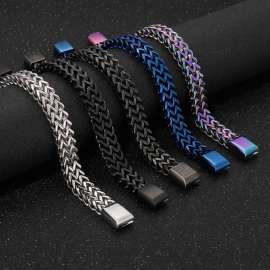 Stainless Steel Simple and personalized woven double row front and back keel flat buckle Gold-plating Bracelet