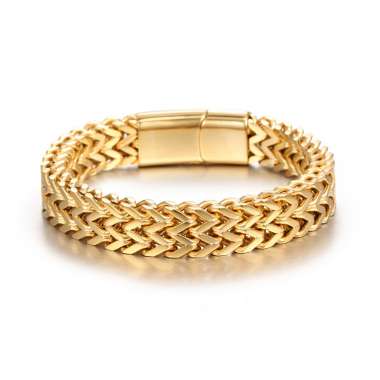 Stainless Steel Simple and personalized woven double row front and back keel flat buckle Gold-plating Bracelet