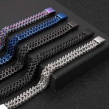 Stainless Steel Simple and personalized woven double row front and back keel flat buckle Black-plating Bracelet