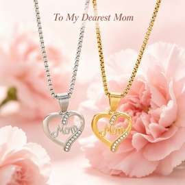Diamond studded hollow heart-shaped Mom letter Mother's Day gift stainless steel necklace