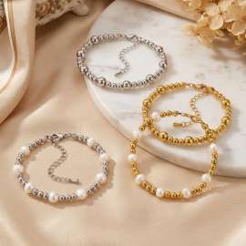 Simple and luxurious stainless steel round bead pearl bracelet