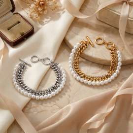 Stainless Steel Crystal Shell Pearl Chain 3 Links Bracelet For Women Trend Jewelry