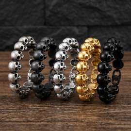 Men's Stainless Steel Skull Link Bracelet, Heavy Polished Biker Skull Chain Bracelet, Gothic Punk Rock Large Skull Wrist Cuff Jewelry Gift for Him