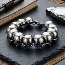 Men's Stainless Steel Skull Link Bracelet, Heavy Polished Biker Skull Chain Bracelet, Gothic Punk Rock Large Skull Wrist Cuff Jewelry Gift for Him