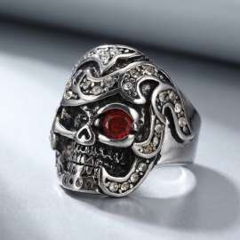 Punk retro pattern skull head red eye zircon Stainless Steel  ring