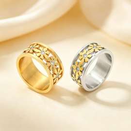 Stainless Steel Daisy Flower Ring Hollow Band with Inlaid Zircon Tarnish Statement Ring for Women