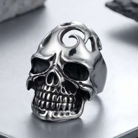 Men's Gothic Skull Ring Stainless Steel Biker Ring with Swirl Pattern, Vintage Polished Skeleton Ring for Men, Punk Rock Hip Hop Jewelry Gift