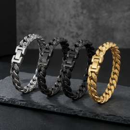 Men's Heavy Engraved Miami Cuban Bracelet, 18K Gold Plated 316 Stainless Steel Chunky Hip Hop Jewelry Black-plating Bracelet