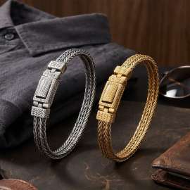 Retro Oxidized Stainless Steel Wheat Chain Bracelet for Men  Vintage Braided Wristband with Leaf Engraved Clasp, Gothic Punk Style Jewelry Gift