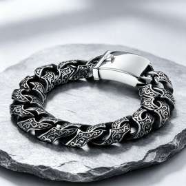 Vintage Scrollwork Cuban Link Bracelet for Men Stainless Steel Retro Carved Chain, Gothic Heavy Metal Wristband, Hypoallergenic Waterproof Punk Jewelry Gift