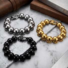 Men's Skull Chain Bracelet Stainless Steel Gothic Skull Link Bracelet, Hypoallergenic Waterproof Biker Wristband Jewelry Gift