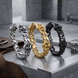 Men's  Cuban Link Bracelet Stainless Steel with Embossed Symbol Medallion, Retro Gothic Oxidized Finish Biker Wristband