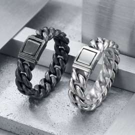 Men's Polished Silver Cuban Link Bracelet Thick Stainless Steel Curb Chain Bracelet Push‑Button Lock Clasp Hip‑Hop Punk Wrist Jewelry Gift f